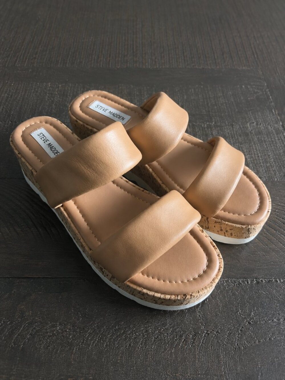 Steve Madden Defuse Platform Slide Sandals Womens 10 Leather Cork Wedge Coastal